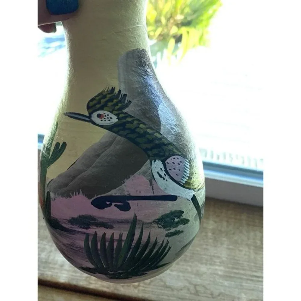 2007 Southwestern Roadrunner Cactus Painted Yellow Vase Signed